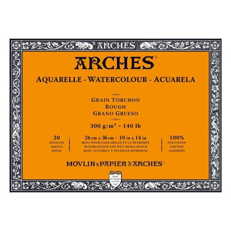 Premium Arches Water Colour Blocks (26x36cm) with 20 sheets, durable, 100% cotton, resistant to warping and bleeding.