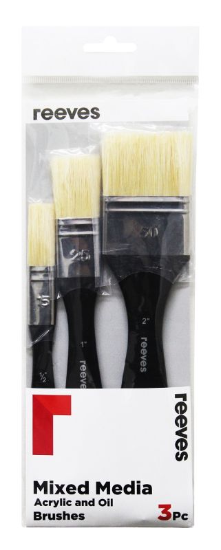 Reeves Mixed Media Brush Set featuring three hog bristle spalter brushes in sizes 0.5", 1", and 2" for versatile painting.