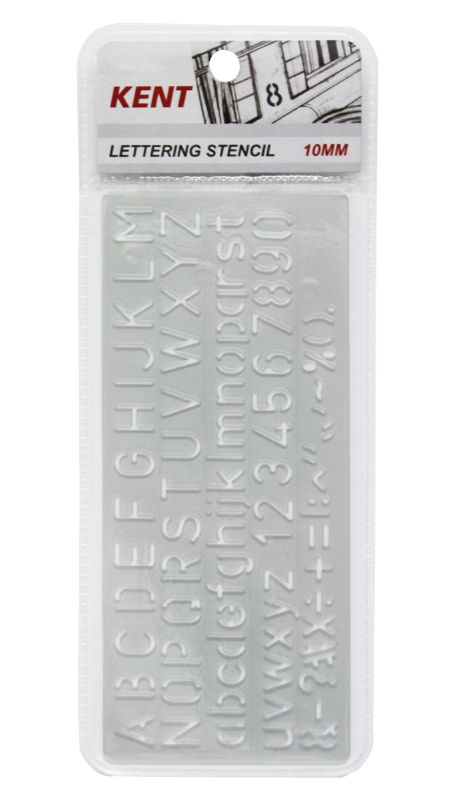 Kent Lettering Stencils in 10mm for tracing letters and numbers, made from durable, flexible plastic.