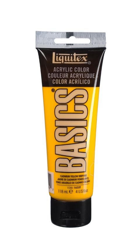 Thick and creamy Cadmium Yellow Deep acrylic paint in a 118ml tube, ideal for vibrant artwork and color mixing.