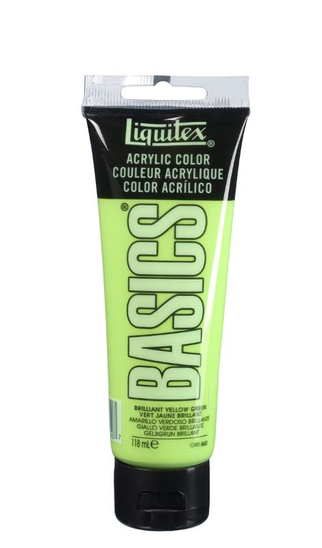 Acrylic paint tube in Brilliant Yellow Green, 118ml, thick and creamy with a satin finish for vibrant artwork.