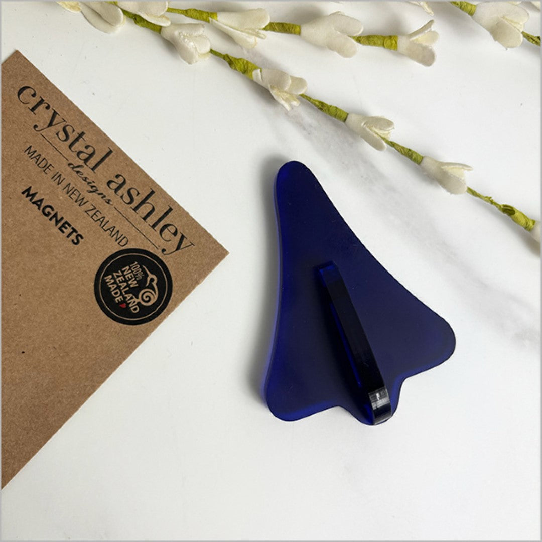 Blue satin acrylic magnet in jet plane shape, inspired by Kiwi lollies, featuring a frosted surface and measuring 90mm x 63mm.