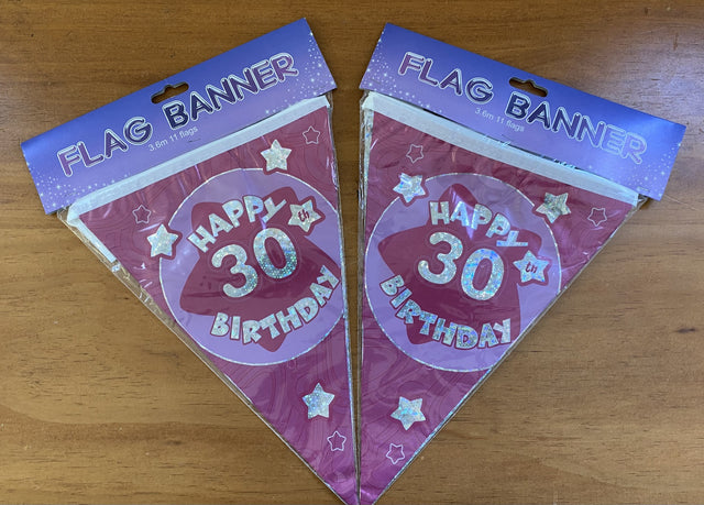 Vibrant pink Happy 30th Birthday banners in a set of 2, perfect for elegant or festive birthday celebrations.