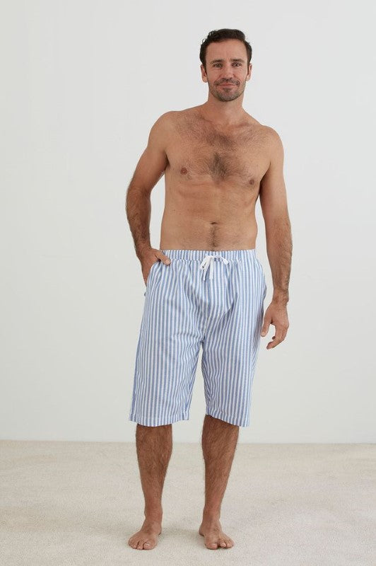 Blue and white striped shorts with elastic waistband and pockets, made of 100% cotton, ethical production, OEKO-TEX® certified.