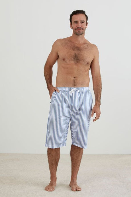 Blue and white striped shorts with elastic waistband and pockets, made of 100% cotton, ethical production, OEKO-TEX® certified.