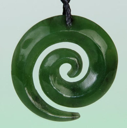 Jade Open Koru Pendant in Nephrite Jade, symbolizing growth, on adjustable black wax cord, crafted with Maori artistry.