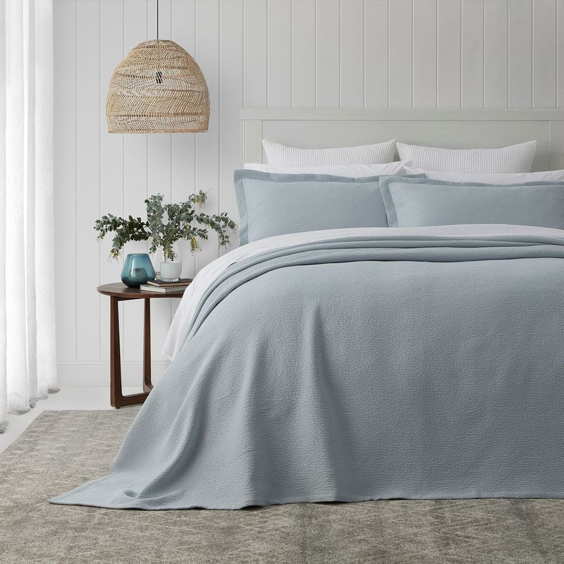 Stonewashed duck egg bedspread set with mitred corners and Oxford pillowcases, made from 100% OEKO-TEX® cotton.