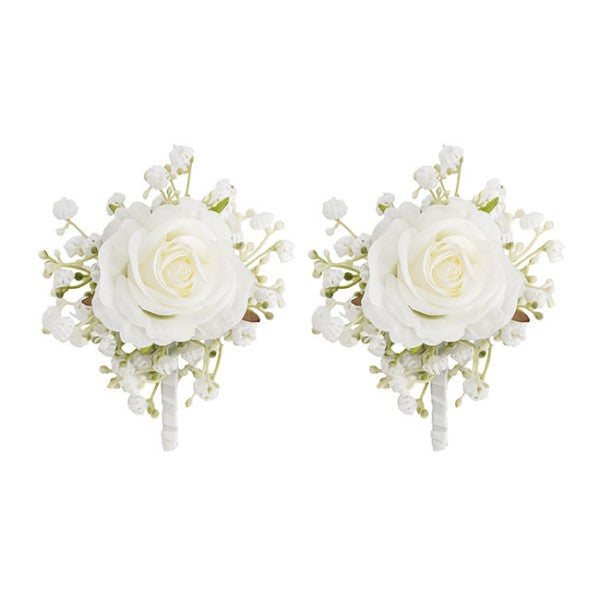 Artificial / Faux Flower - Rose & Baby's Breath Boutonniere Pack 2 White