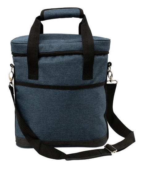 Stylish blue 3 bottle carrier with thermal insulation, padded dividers, and removable shoulder strap for safe wine transport.