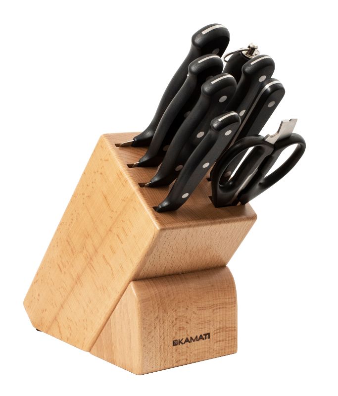 Kamati Gourmet 9PCS Knife Block Set with premium German stainless steel blades and ergonomic handles for precision cutting.