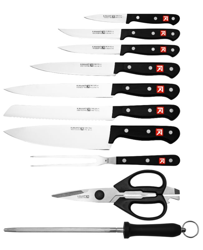 Kamati Gourmet 16-piece knife block set with high-carbon stainless steel knives and ergonomic handles for home and professional chefs.