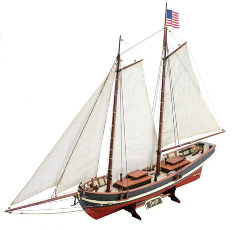 Detailed wooden model ship kit, Swift, featuring pre-cut parts for easy assembly and perfect for home decor or gifting.