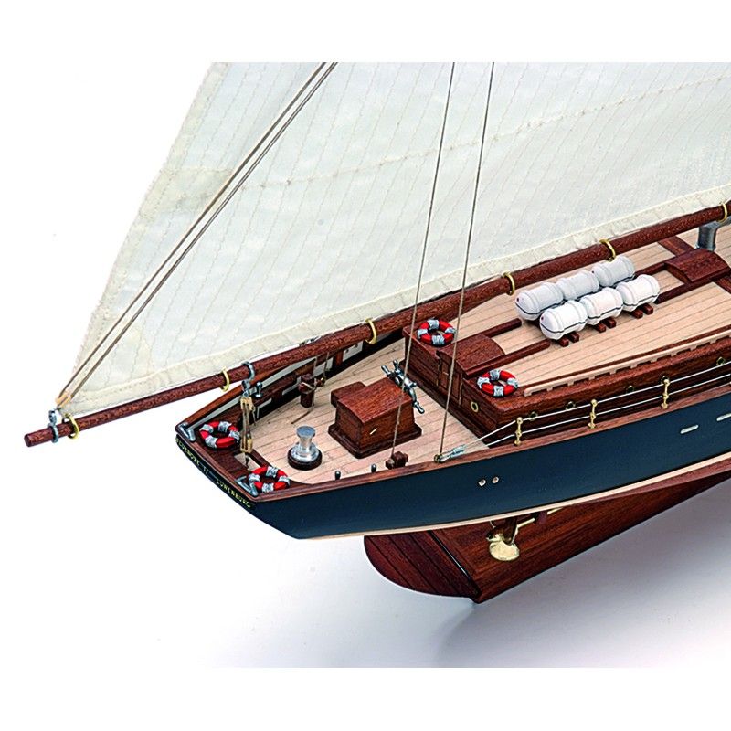 Scale model ship kit of Bluenose II, featuring laser-cut wood, brass, and A3 instruction guide for easy assembly.