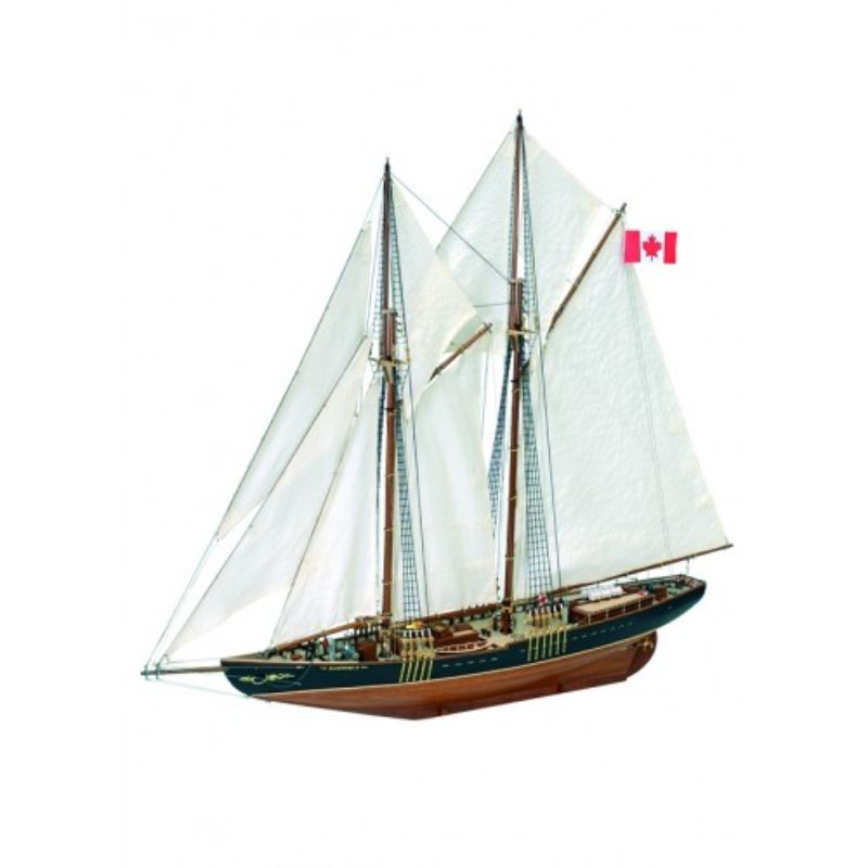 "Precision wooden model kit for building the iconic Bluenose II schooner, featuring laser-cut components and multi-language guide."