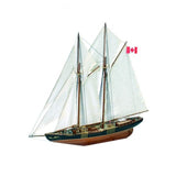 "Precision wooden model kit for building the iconic Bluenose II schooner, featuring laser-cut components and multi-language guide."