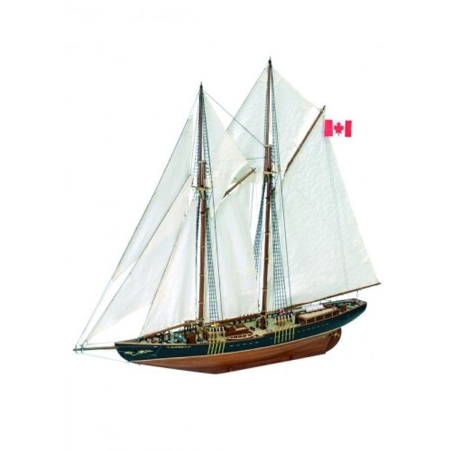 "Precision wooden model kit for building the iconic Bluenose II schooner, featuring laser-cut components and multi-language guide."