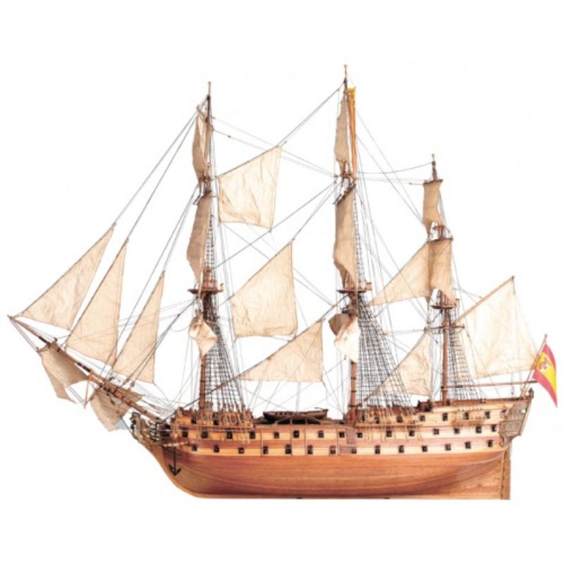 Wooden ship model kit of San Juan Nepomuceno, featuring laser-cut parts and detailed assembly instructions.