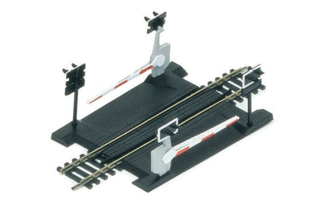 Hornby Level Crossing Single Track with traditional gates and lifting booms, enhances model railway realism, 168mm long.