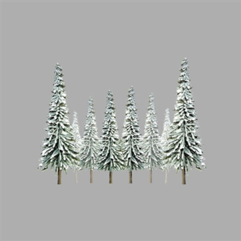 Snow-dusted pine trees in varying heights of 150-250mm, perfect for enhancing winter-themed model landscapes.