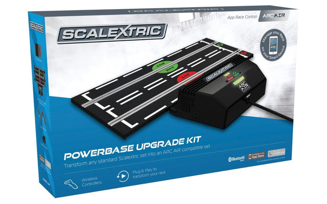 ARC-AIR Powerbase with wireless controllers, enhancing Scalextric racing with features like braking, pit stops, and weather dynamics.