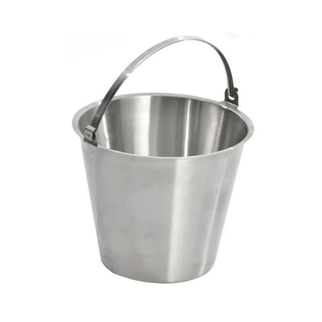 Heavy-duty 13.0L stainless steel bucket with ergonomic tilt handle, seamless construction, and flat base for stability.