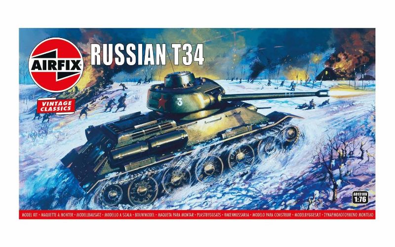 Alt text: Vintage Airfix model of the Russian T34 Medium Tank, highlighting its iconic WWII design and detailed parts for ages 8+.