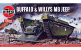 Alt text: Model kit of a Buffalo Willys MB Jeep, featuring 107 parts in 1:76 scale for ages 8 and up.