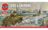 Model kit of WWII LCM3 landing craft and Sherman tank, featuring detailed assembly for ages 8 and up. Scale 1:76.