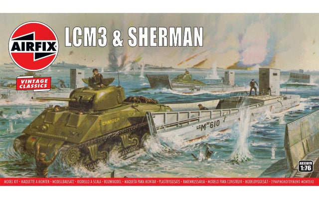 Model kit of WWII LCM3 landing craft and Sherman tank, featuring detailed assembly for ages 8 and up. Scale 1:76.