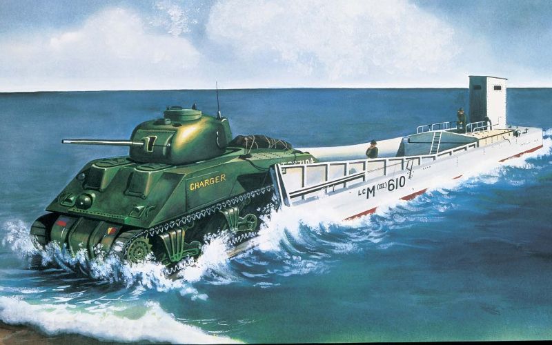 Model kit featuring LCM3 landing craft and Sherman tank, depicting WWII naval and armored vehicles at 1:76 scale.