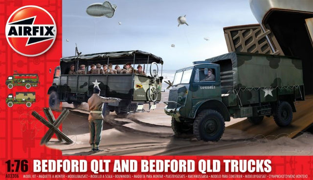 Airfix model of Bedford QLT and QLD trucks, showcasing WWII British military engineering in 1:76 scale with 7 parts.