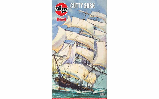 Airfix model kit of the Cutty Sark, a historic clipper ship, featuring 220 detailed parts for ages 8 and up.