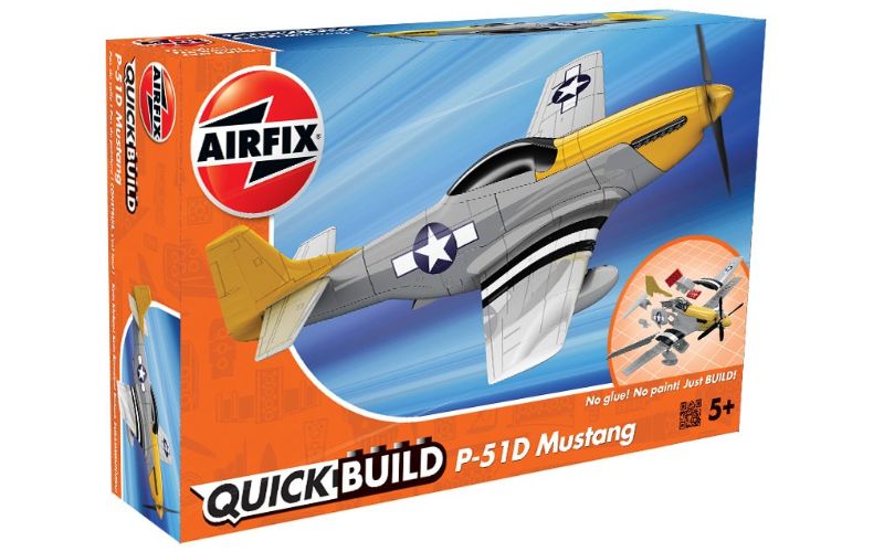 Airfix Mustang P-51D model kit, 1:72 scale, 38 easy snap-together pieces for kids 5+, includes stand and self-adhesive stickers.