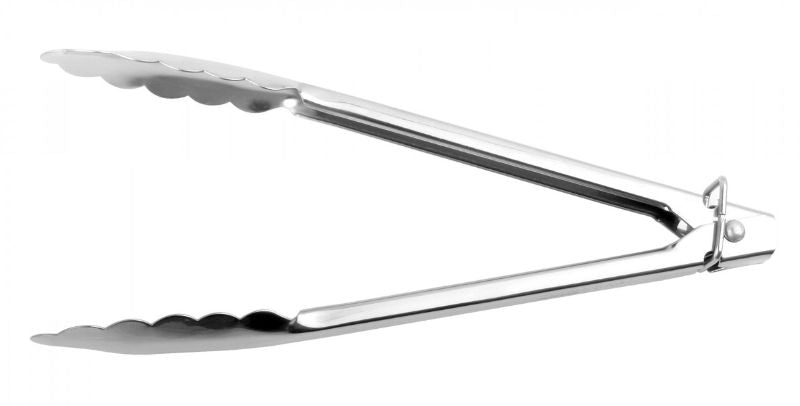 Chef Inox 250mm stainless steel tongs with ergonomic handle for comfortable grip, ideal for cooking and serving various foods.