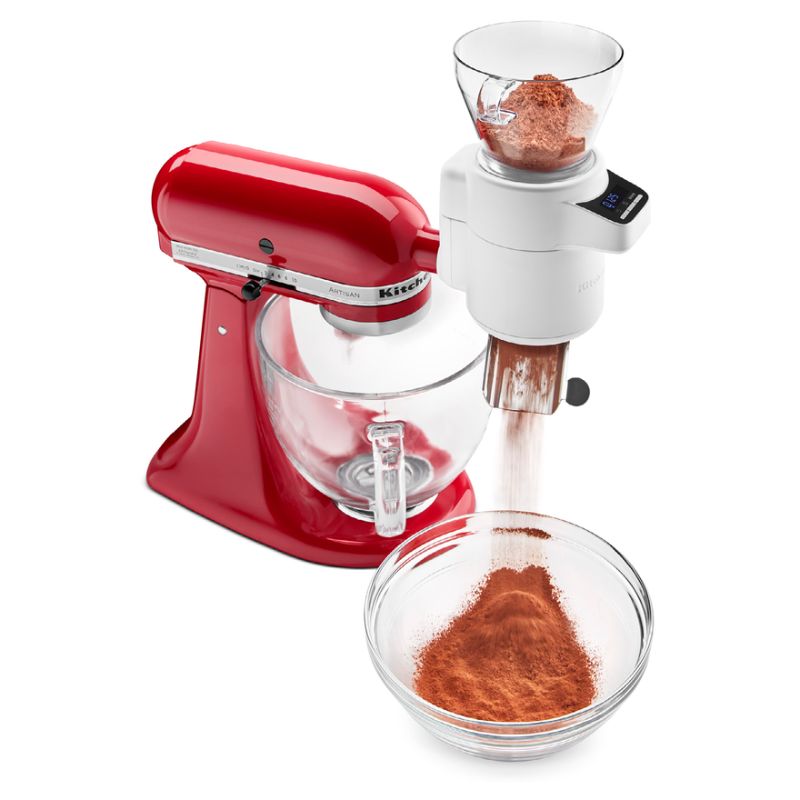 KitchenAid Sifter + Scale Attachment for precise measuring and sifting, featuring a 4-cup hopper and hands-free operation.