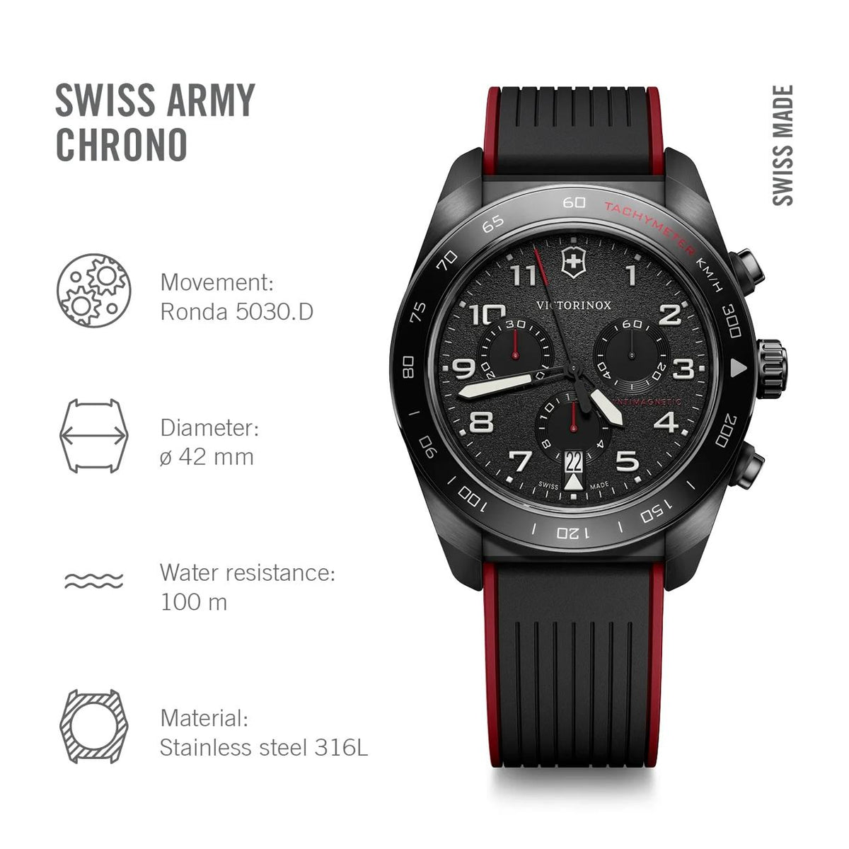 Watch - VICTORINOX Swiss Army Chrono 42mm Black Rubber Strap (Black Dial)