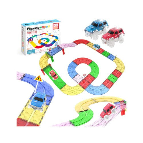 PicassoTiles Magnetic Race Track Set (30 Pcs) w/ Cars