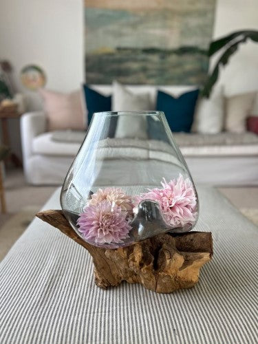 Hand Blown Recycled Glass Terrarium on Teak Root 35cm