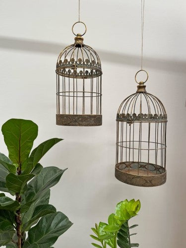 Aged Metal Decorative Bird Cages Indoor Outdoor Set of 2