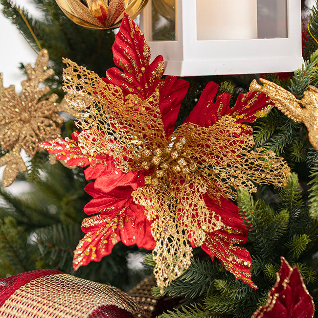 Poinsettia Flower Clip Pack 3 Red & Gold