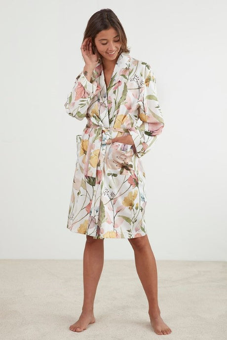 White cotton sateen kimono robe with spring flower print, pockets, and waist tie; perfect for all-year comfort.