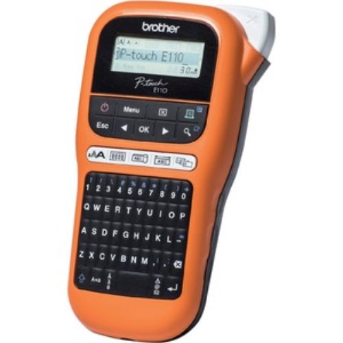 Brother PTE110VP label maker with LCD display, QWERTY keyboard, and fast direct thermal printing for industrial labelling.