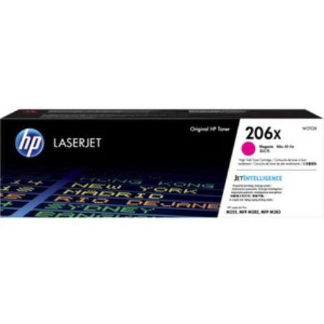 HP 206X High Yield Magenta Toner Cartridge for LaserJet Pro, prints up to 2450 pages with vibrant, reliable color quality.