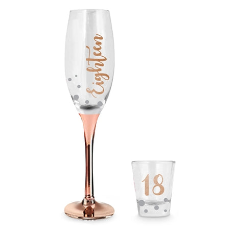 Elegant rose gold champagne glass and shot set, perfect for toasting 18th birthdays and special celebrations.