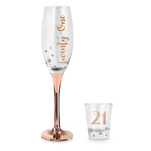 Elegant 21st rose gold champagne and shot glass set, perfect for celebrations and stylish table decor.