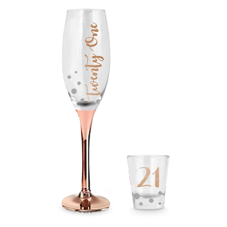 Elegant 21st rose gold champagne and shot glass set, perfect for celebrations and stylish table decor.