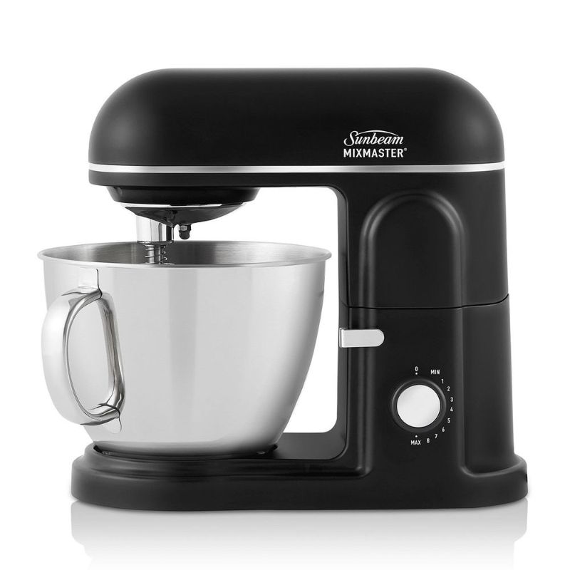 Sleek black Sunbeam stand mixer with 850W motor, 5L bowl, 8 speeds, and versatile accessories for all your baking needs.