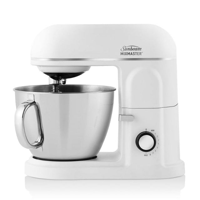 Sunbeam Stand Mixer - Planetary Mixmaster® in white, featuring 850w motor, 5L bowl, 8 speeds, and essential accessories for baking.