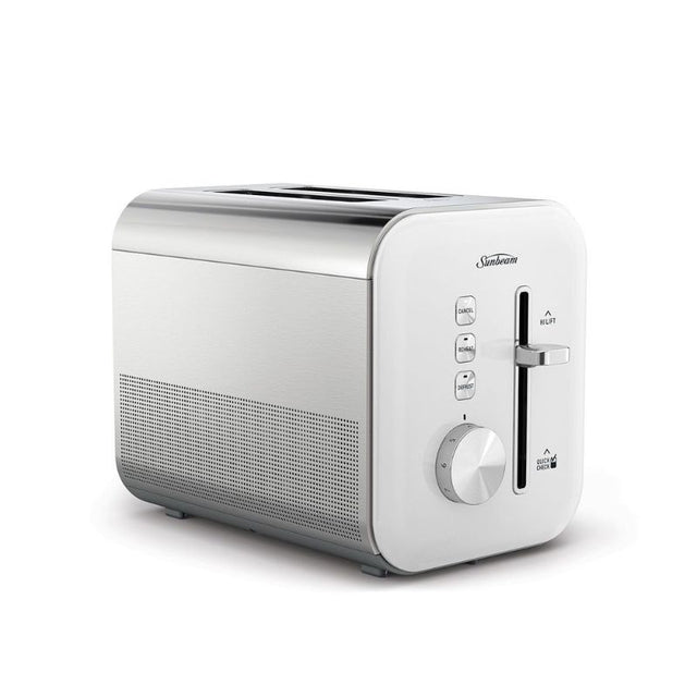 Elegant white Simply Shine™ 2 slice toaster with 9 browning settings, high lift lever, and removable crumb tray for easy cleanup.