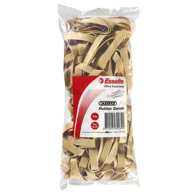 Esselte Size 85 rubber bands in a 500gm bag, made of durable natural rubber for versatile binding tasks.